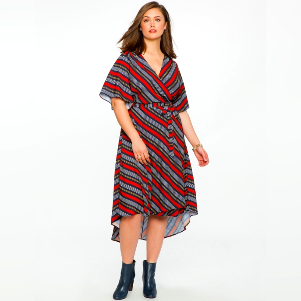 Eloquii Striped Asymmetrical Wrap Dress, Size  14